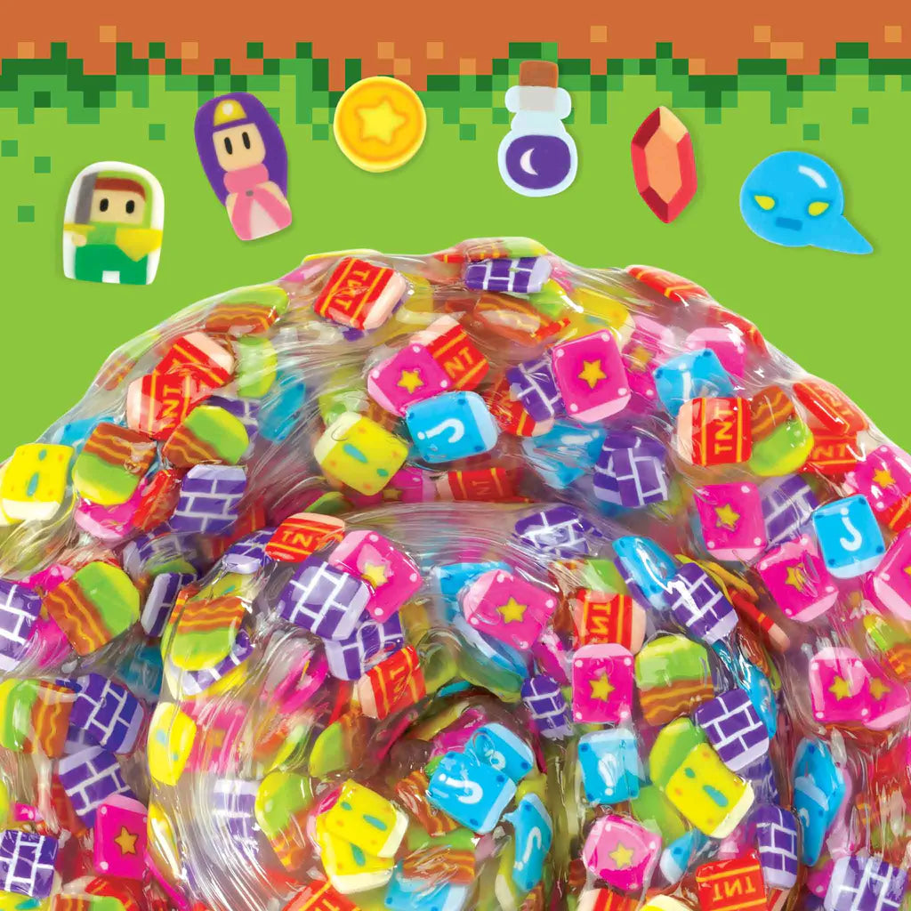 Clear Hide Inside! Arcade Adventure Thinking Putty with colorful arcade-themed pieces in a spiral shape on a green background.