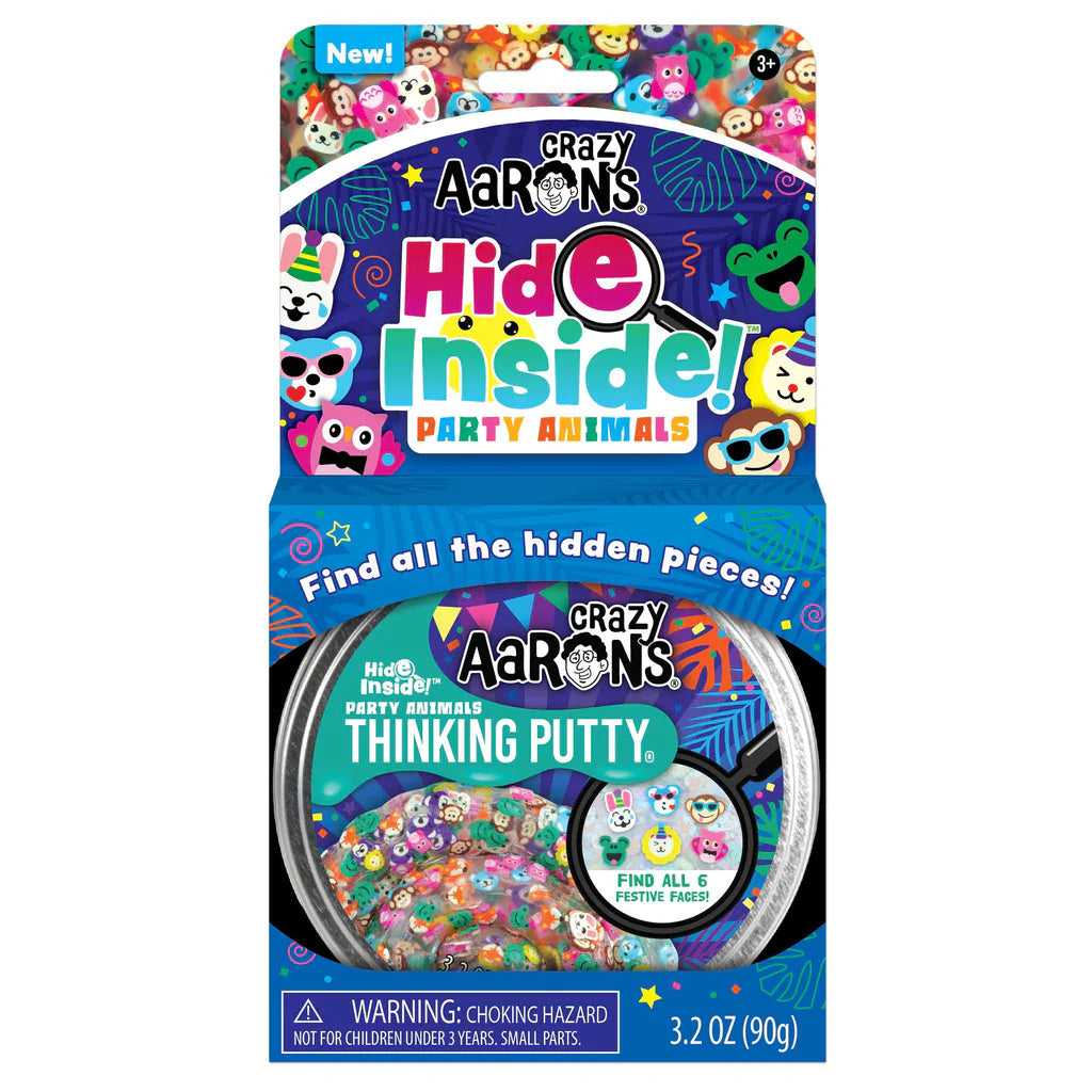 Hide Inside! Party Animals Thinking Putty with colorful festive faces and hidden pieces in a playful tin container.