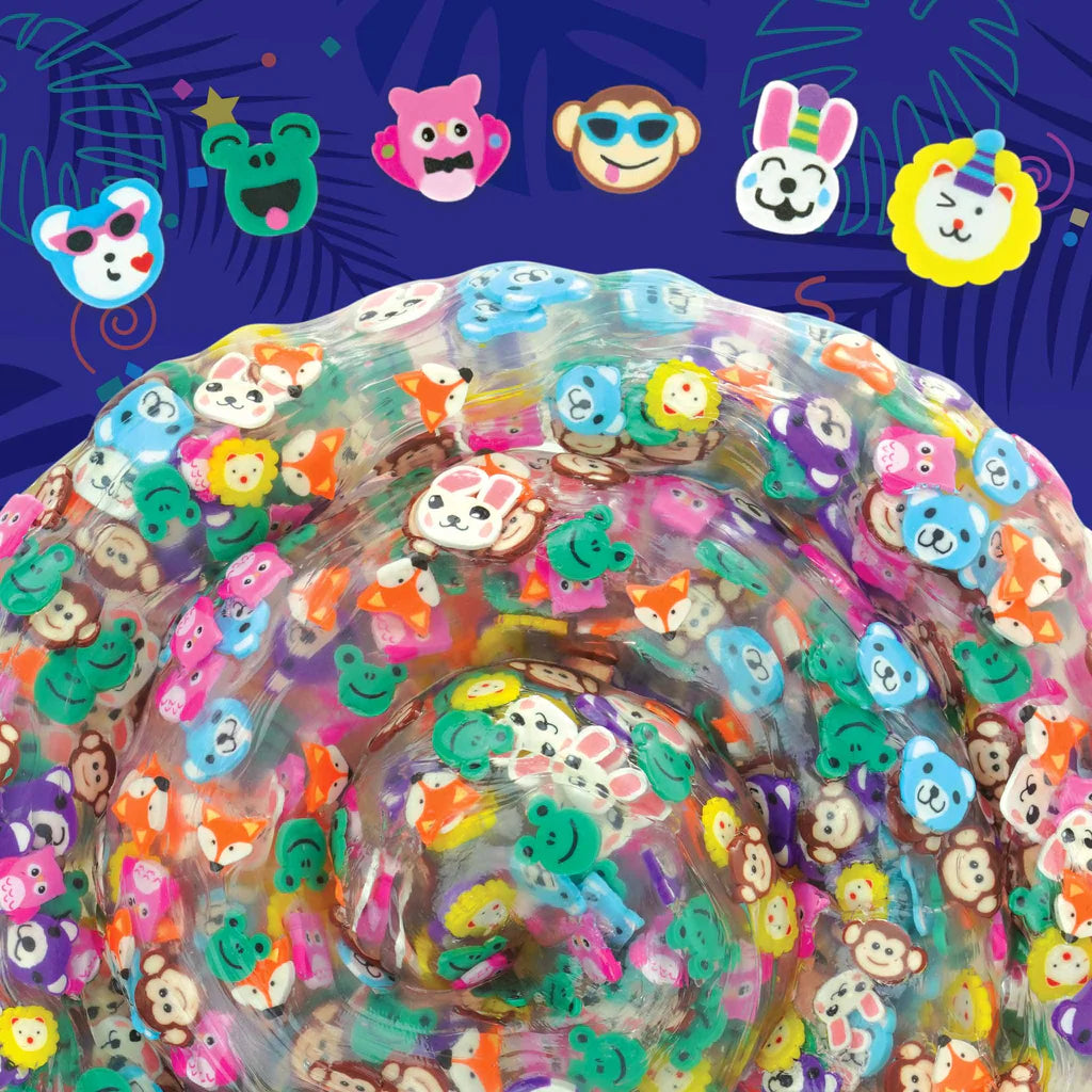 Colorful animal faces embedded in clear thinking putty in a spiral pattern for Hide Inside! Party Animals Thinking Putty.