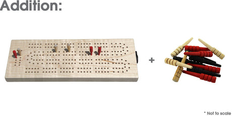 Continuous Track Maple Cribbage board made of maple hardwood with pegs and peg storage compartment shown.