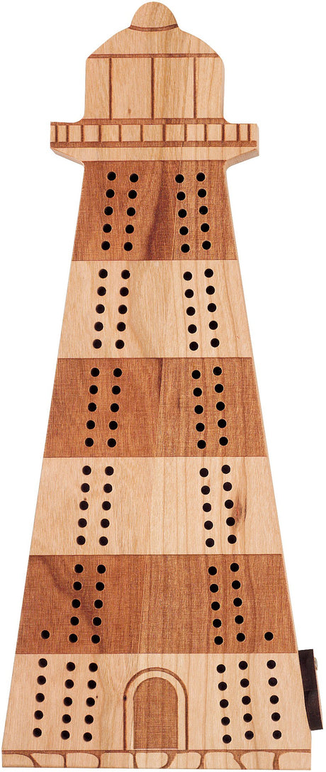Cribbage Board Lighthouse crafted from cherry wood with laser engraved details and 60-hole layout for gameplay.