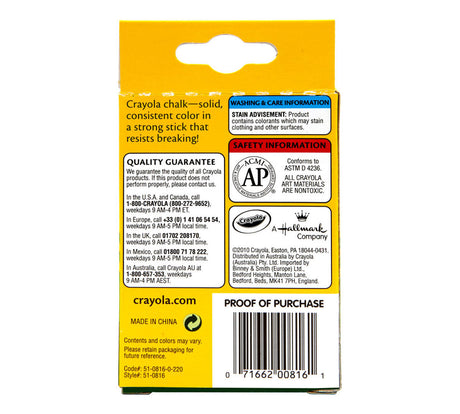 Chalk Colored Crayola chalk package back showing safety info and quality guarantee for indoor and outdoor fun.