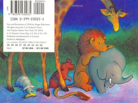 Good Night Gorilla book illustration with giraffe, hyena, elephant, and a mischievous gorilla at bedtime in the zoo.