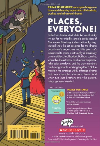 Drama book cover showing a girl with purple hair carrying a backpack climbing a set piece for theater stage design