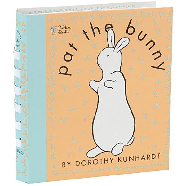Pat the Bunny children’s touch-and-feel book with a cute white bunny on an orange cover by Dorothy Kunhardt