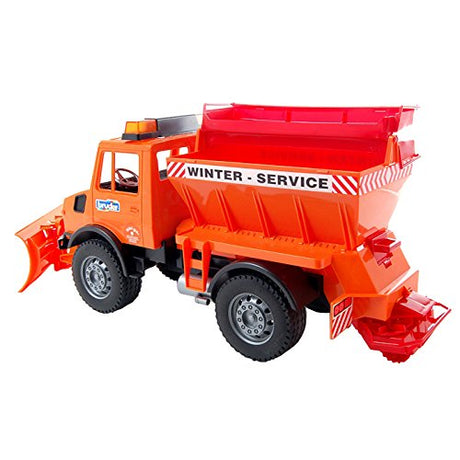 MB-Unimog Winter Service Truck toy with removable plow blade and functional spreader for sand and salt.