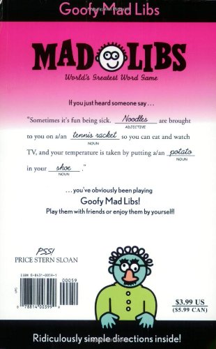 Goofy Mad Libs word game page showing fill-in-the-blank story with funny parts of speech examples and characters.