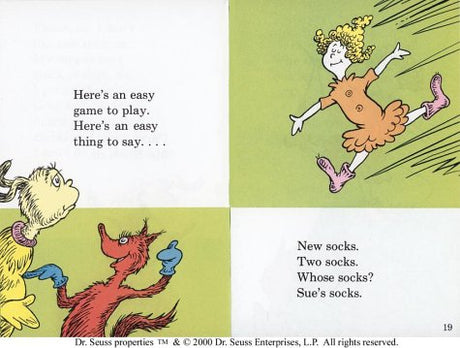 Page from Fox in Sox showing characters playing a tongue-twisting sock game with a girl jumping in socks.