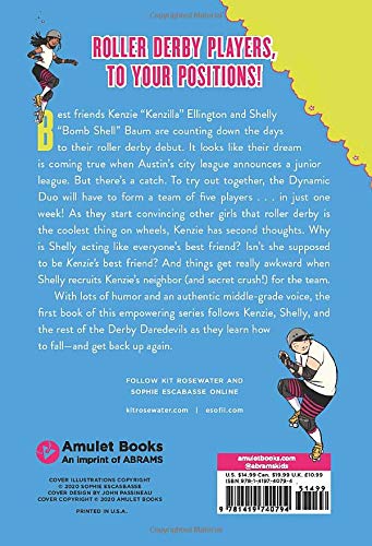 Back cover of Derby Daredevils book showing roller derby illustrations and story summary for ages 8-12 readers.