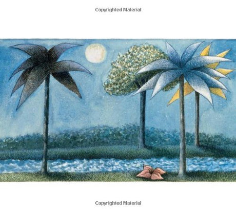 Illustration from Where the Wild Things Are showing palm trees by a river under a full moon night sky.
