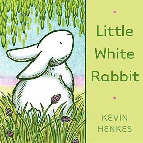 Little White Rabbit book cover with a white rabbit in green grass under hanging leaves and spring colors background.