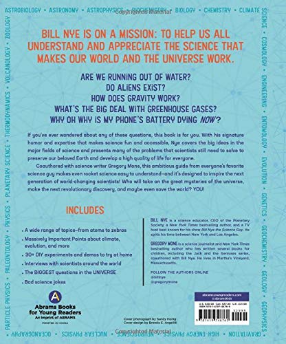 Bill Nye's Great Big World of Science book back cover highlighting science topics and educational mission.