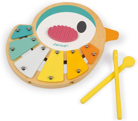 Pure Bird Xylophone wooden bird-shaped children's musical toy with 6 colorful tones and yellow mallets.