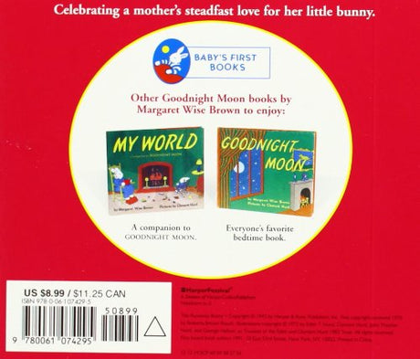 Runaway Bunny board book back cover featuring companion titles My World and Goodnight Moon by Margaret Wise Brown.