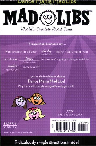 Dance Mania Mad Libs book cover with fill-in-the-blank dance stories and playful cartoon characters on purple background