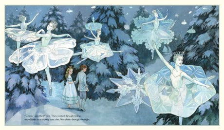 The Nutcracker illustration showing elegant Sugar Plum Fairies dancing in a snowy forest with Marie and Fritz nearby.