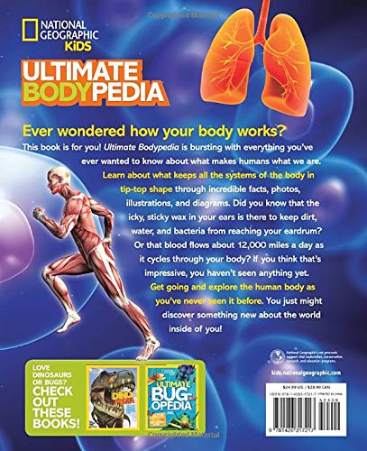 Ultimate BodyPedia book cover showing human body illustration with lungs and muscles for kids learning.