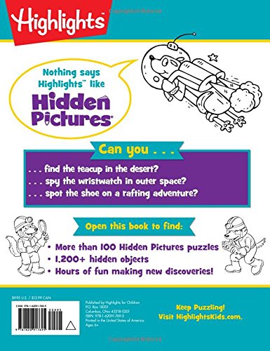 Back cover of Highlights Hidden Pictures: Discovery Puzzles showing sample puzzles and colorful cartoon characters.