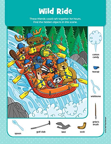 Jumbo Pad of My First Puzzles featuring colorful hidden object puzzle with animals rafting on river adventure.