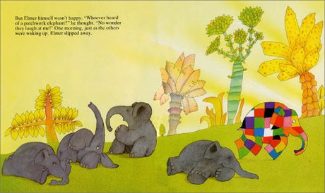 Illustration from Elmer showing a colorful patchwork elephant apart from gray elephants in a sunny grassy landscape.