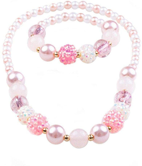 Pinky Pearl Necklace & Bracelet Set with matte rose pink, iridescent chunky, and classic white pearl beads.
