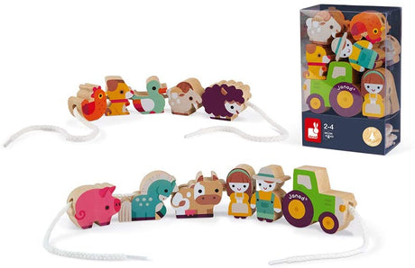 Lacing Farm Beads wooden animal and farm figurines with string for motor skills development, ages 2 and up.