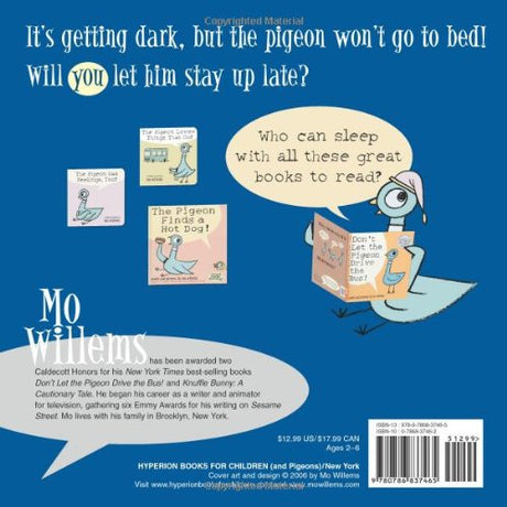 Back cover of Don't Let the Pigeon Stay Up Late featuring the pigeon in a nightcap holding a book, asking to stay up late.