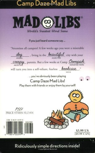 Mad Libs Camp Daze vintage word game cover showing camping-themed silly story with cartoon boy by campfire.