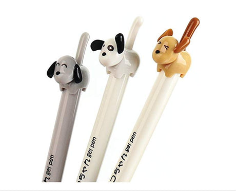 Dog Tail Gel Pen featuring retractable black gel ink and cute dog-shaped tail clips in assorted styles.