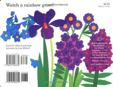 Illustration of purple and blue flowers on the back cover of the board book Planting a Rainbow.