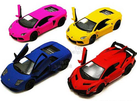 Matte Lamborghini diecast metal cars in pink, yellow, blue, and red with opening doors and pullback motor action.