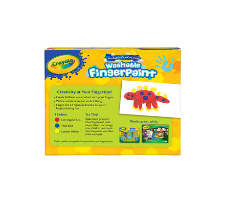 Crayola Washable Fingerpaint with 3 bright primary colors in 8 oz bottles easy to wash from skin and clothes.