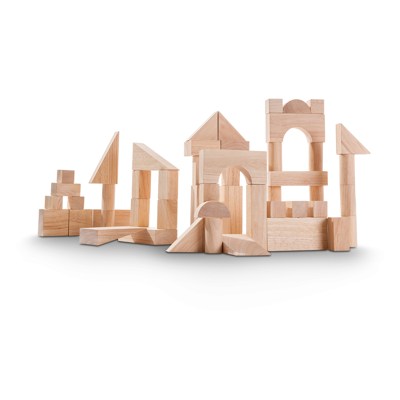 Wooden Blocks set arranged in various shapes, featuring 50 natural wood pieces for creative building and learning.