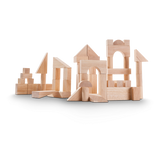 Wooden Blocks set arranged in various shapes, featuring 50 natural wood pieces for creative building and learning.