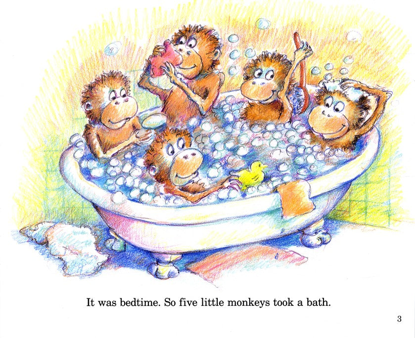 Five Little Monkeys illustration of five monkeys happily taking a bubbly bath in a classic clawfoot tub.