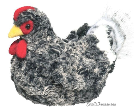Hen Pepper plush toy with mottled gray feathers, white tail, and red wattle, perfect for snuggles and play.