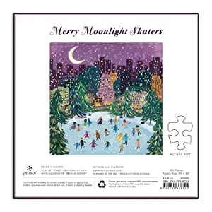 500pc Merry Moonlight Skate Puzzle shows ice skaters on a snowy city rink beneath a purple night sky with gold foil highlights.