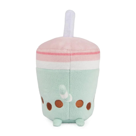 Pusheen Boba Tea plush in mint green with pink lid, straw, embroidered tapioca pearls, tail, and feet.