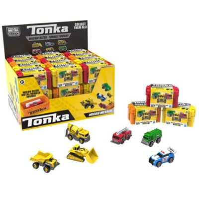 Tonka Micro Metals free-wheeling mini vehicles in reusable toolbox capsules, assorted styles, micro-sized and TONKA tough.