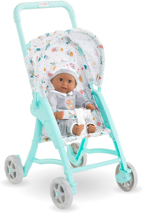 Stroller Mint with folding canopy and adjustable belt holding baby doll up to 12 inches in mint green frame.