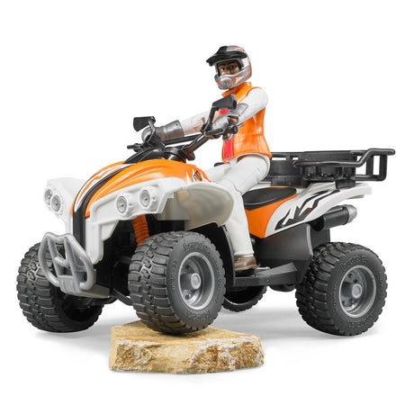 Quad with Driver toy model in orange and white with steerable front axle and rugged tread tires on rock terrain.