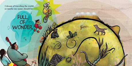 Illustration from Thunder Boy Jr. showing a boy dreaming of adventure and a vibrant nature scene on a large yellow hill.