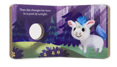 Open Baby Unicorn with Finger Puppet board book showing soft finger puppet unicorn in colorful forest scene.