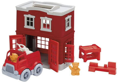 Fire Station Play Set with red fire station, fire engine, firefighter cat figures, and accessories for imaginative play.
