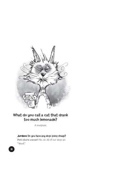 Highlights Laugh Attack! page with a funny cat joke and a cartoon illustration drinking lemonade.