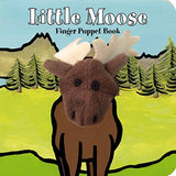 Little Moose Finger Puppet Board Book with a plush moose puppet and colorful mountain and forest background for toddlers.