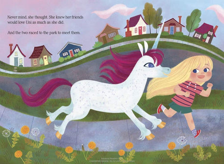 Illustration from Uni the Unicorn in the Real World showing a girl running happily with Uni the Unicorn through neighborhood streets.