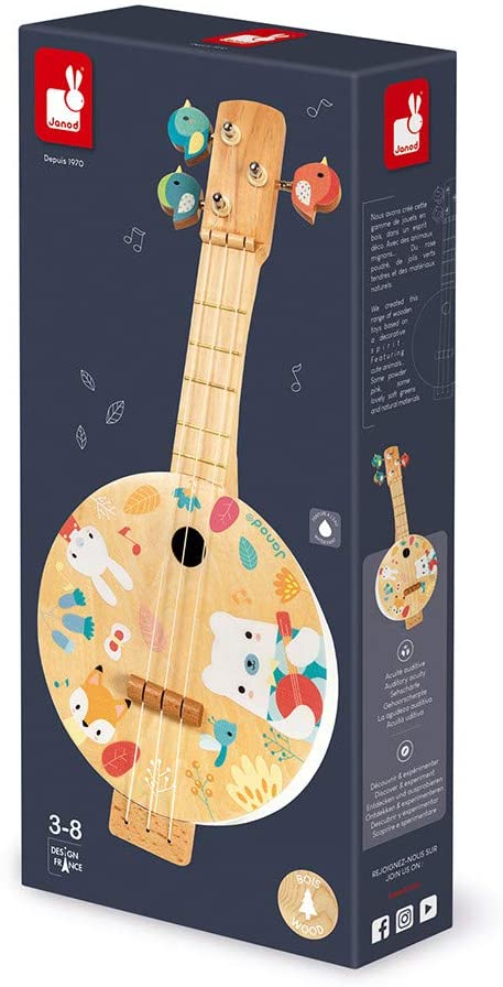 Pure Animal Banjo, a wooden musical toy with colorful animal illustrations, perfect for children ages 3 to 8.