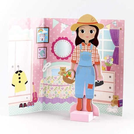 Magnetic Dress Up | Sofia wooden doll in farmer outfit with bedroom and outdoors fold-out background display box.