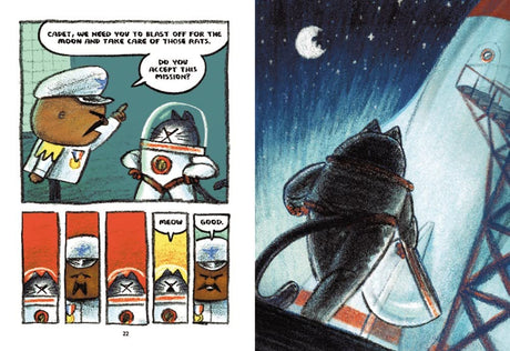 First Cat in Space Ate Pizza book illustration showing a cat astronaut preparing for a moon mission.